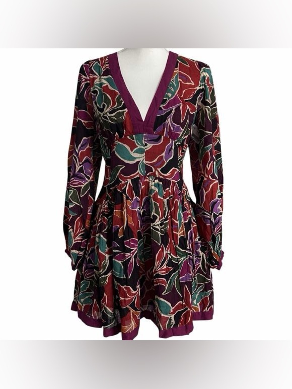 Caroline Constas Multicolor Floral Cotton Smocked Waist Balloon Sleeve Dress S